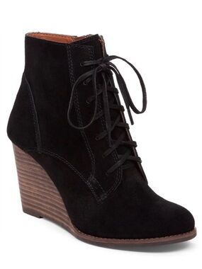 Lucky Brand Black Suede Lace-Up Wedge Ankle Boots